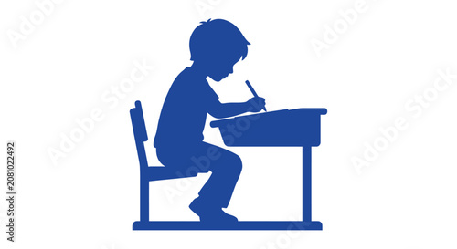Child studying at desk blue silhouette on white background