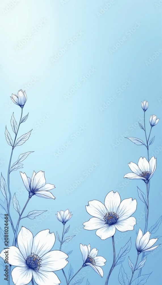 Fototapeta premium Delicate line art white flowers bloom on a soft light blue background. Minimalist visual illustration style conveys purity and freshness, suitable for spa and beauty themes.