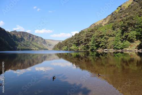 Picturesque lake with ducks surrounded by mountains, Ireland.