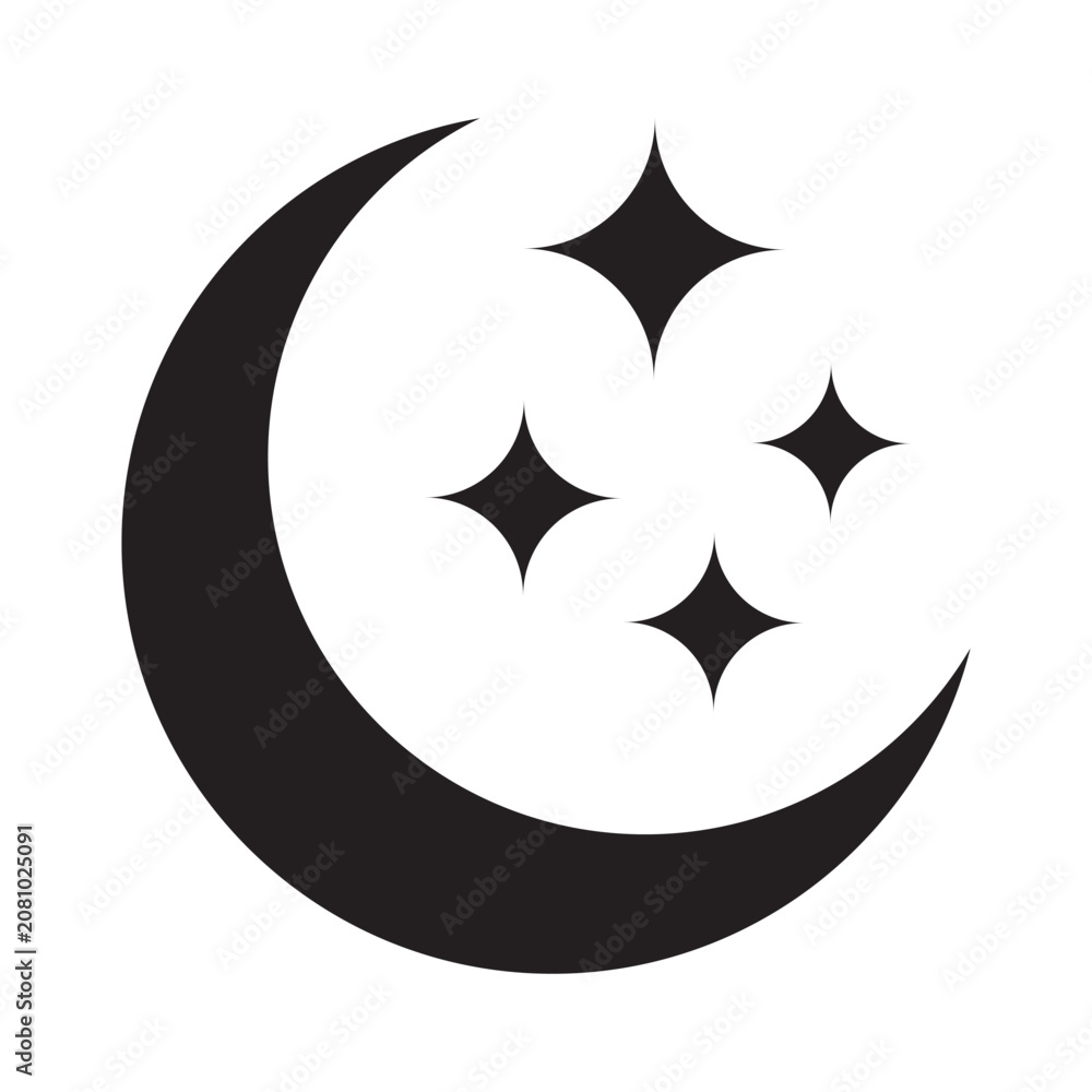 Obraz premium Crescent moon and stars solid icon. Black silhouette night sleep symbol with four sparkles
