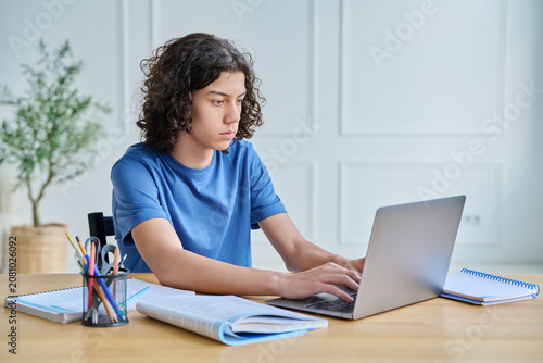 Focused teenage boy studying on laptop at home desk