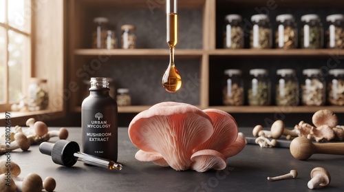 Raw meat, mushrooms, and oil on kitchen counter, healthy food ingredients