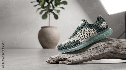 Sneaker shoe, green and white, on driftwood, modern minimalist interior, athletic footwear