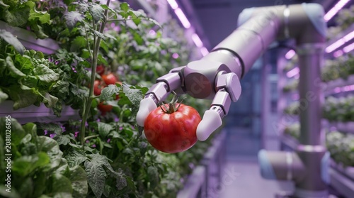 Robot hand harvesting tomato, hydroponic farm, indoor agriculture, robotic farming technology