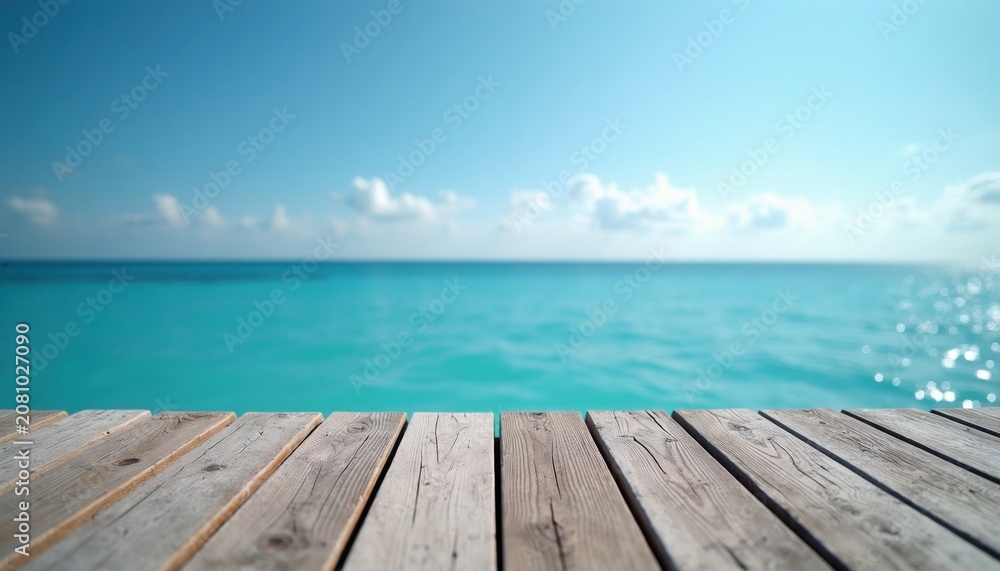 Fototapeta premium Wooden pier overlooks bright blue ocean water under clear sky. Gentle waves reflect sunlight. Calm seaside expanse invites peaceful contemplation and relaxation.