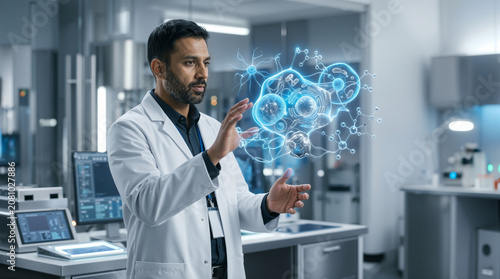 Scientist, lab coat, futuristic interface, technology concept, innovation, research, blue glow