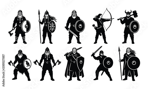 Set of ten stylized Viking warriors in black and white, featuring historic Scandinavian fighters, iconic weapons, shields, and traditional battle gear.