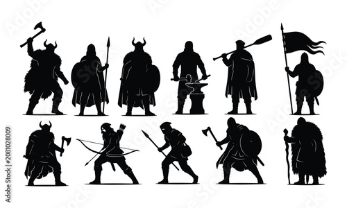Set of Viking warriors silhouettes, ancient Norse characters, medieval soldiers with weapons, axes, shields, swords, and helmets, vector isolated illustration.