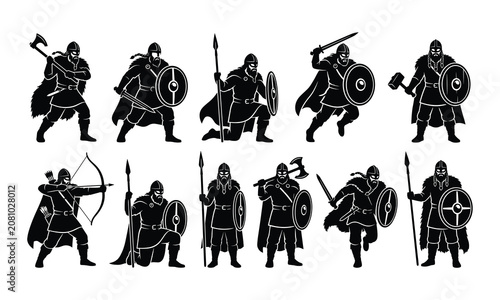 Set of Viking warriors in various battle poses, featuring axes, swords, shields, spears, bows, and helmets, isolated black silhouettes collection