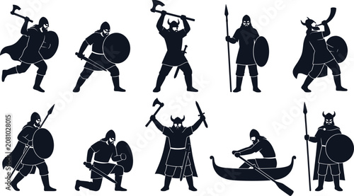 Set of viking silhouette icons featuring warriors with axes, swords, spears, and shields, isolated on a white background for design