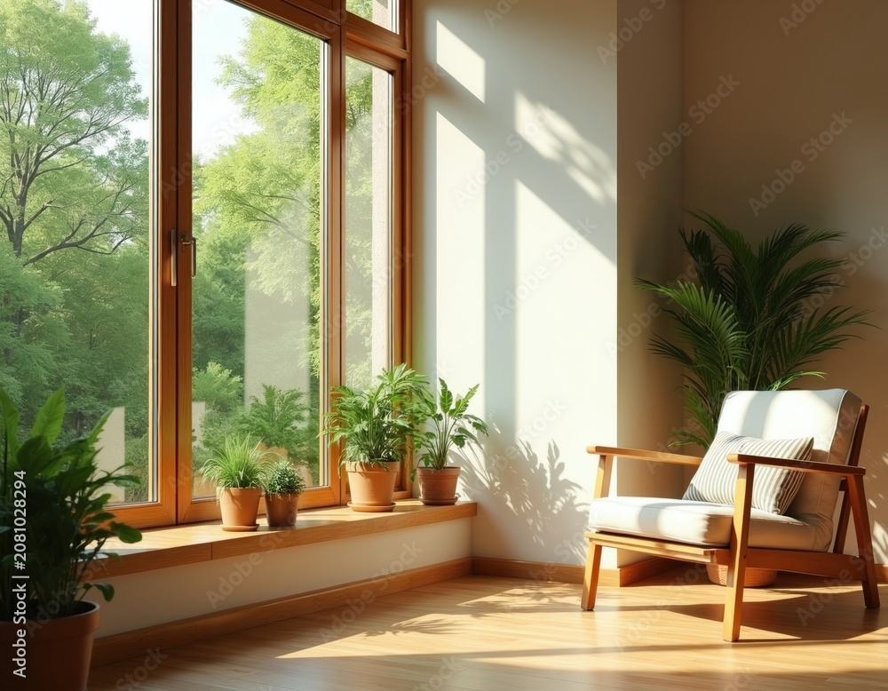 Fototapeta premium Sunlit room with armchair and window view of rich green trees. Indoor plants on windowsill create peaceful nature atmosphere. Home interior design with natural light.