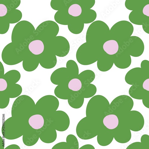 Minimalist Groovy Green Flower Seamless Pattern with Pink Center on White Background