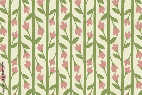 Seamless Vertical Floral Stripe Pattern with Pink Wildflowers and Green Leaves