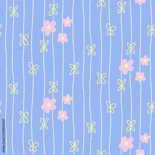 Pastel Floral Stripe Seamless Pattern with Cute Doodle Flowers on Blue Background