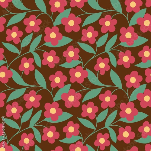 Vintage Floral Seamless Pattern with Pink Flowers and Green Leaves on Brown Background