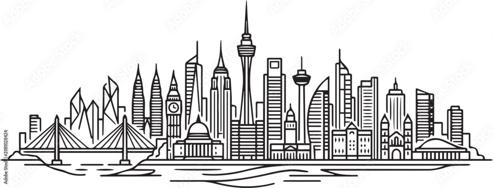 Obraz premium City skyline illustration with skyscrapers and tower