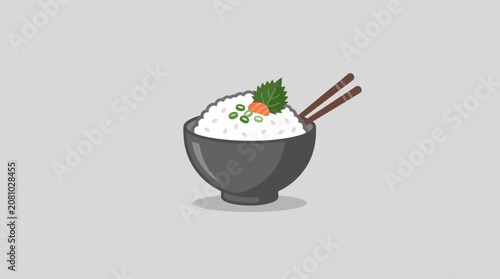 A bowl of white rice with chopsticks and vegetables on a plain background illustration.