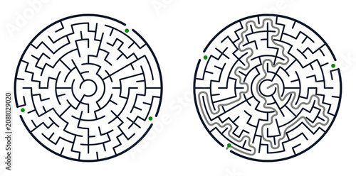 A set of two circular labyrinths: one empty and one with a marked solution. Black and white vector illustration of a puzzle with entry and exit points, isolated on a white background.
