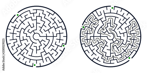 Canvastavla A set of two circular labyrinths: one empty and one with a marked solution