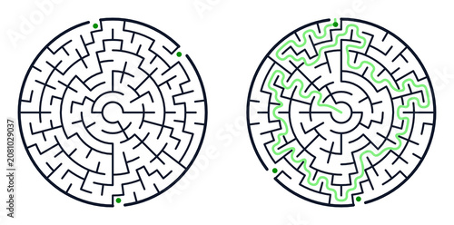 Canvastavla A set of two circular labyrinths: one empty and one with a marked solution