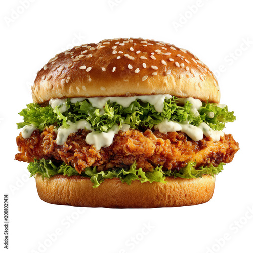Juicy chicken burger with fresh lettuce and tomato isolated on transparent background