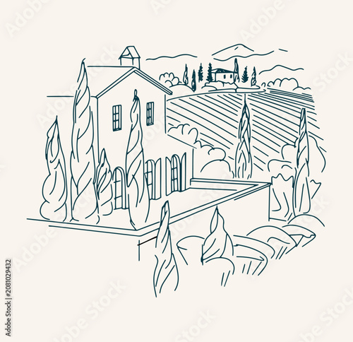 A landscape of Italian villages drawn in a line art style.