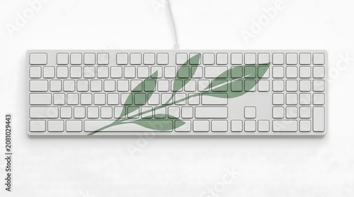 Modern keyboard with green leaf design overlay on white background