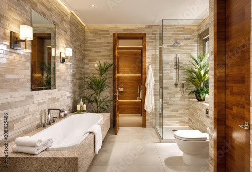 A bathroom designed in a spa-like style, featuring stone textures, wooden accents, and soft, warm lighting to create a relaxing atmosphere.