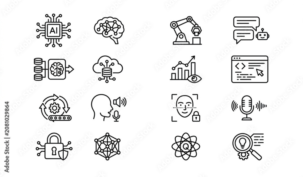 Fototapeta premium Minimal black and white artificial intelligence icons pack with neural network robotics and machine learning symbols vector isolated on white background