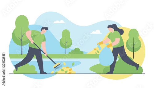 Volunteers cleaning a park and raking fallen autumn leaves into a pile to promote environmental awareness and community service.