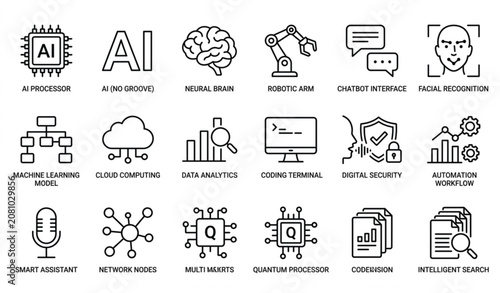 Minimal black and white artificial intelligence icons pack with neural network robotics and machine learning symbols vector isolated on white background
