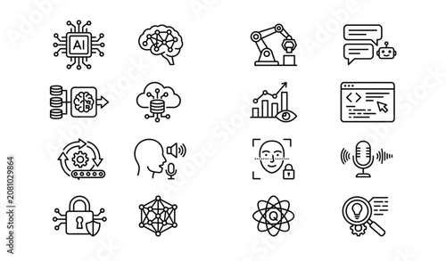 Minimal black and white artificial intelligence icons pack with neural network robotics and machine learning symbols vector isolated on white background