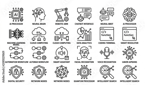 Minimal black and white artificial intelligence icons pack with neural network robotics and machine learning symbols vector isolated on white background