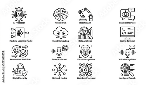 Minimal black and white artificial intelligence icons pack with neural network robotics and machine learning symbols vector isolated on white background