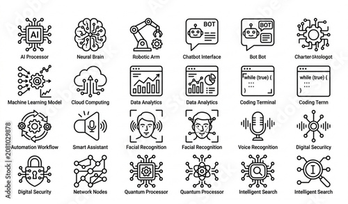 Minimal black and white artificial intelligence icons pack with neural network robotics and machine learning symbols vector isolated on white background