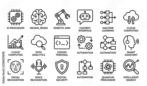 Minimal black and white artificial intelligence icons pack with neural network robotics and machine learning symbols vector isolated on white background
