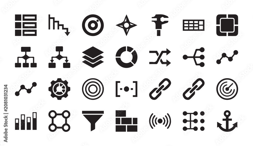 Fototapeta premium Business analytics and data processing icon set with analytics, business