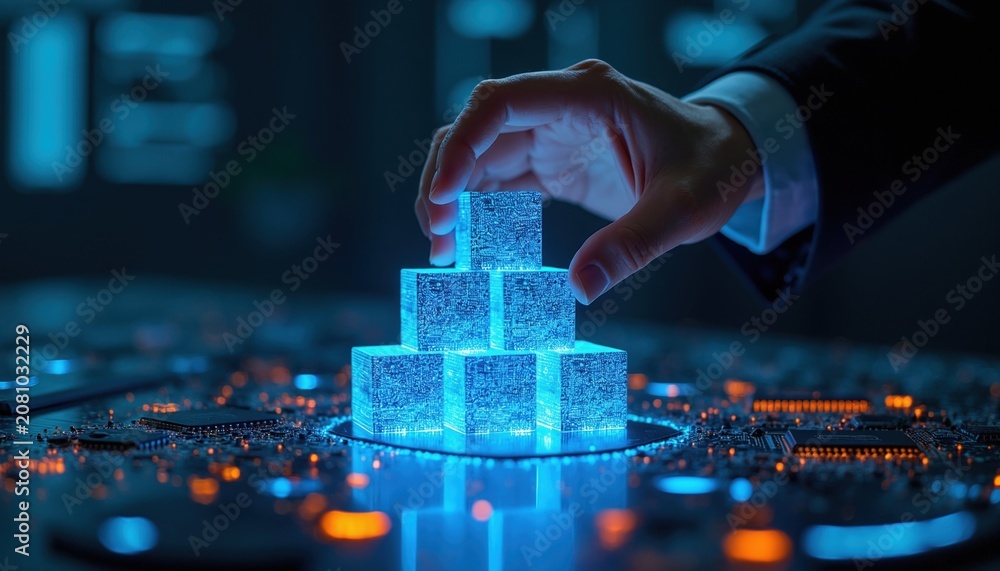 Fototapeta premium Hand stacks glowing blue digital cubes on circuit board. Symbolizing data, network architecture, and AI growth. Future tech and innovation concept.