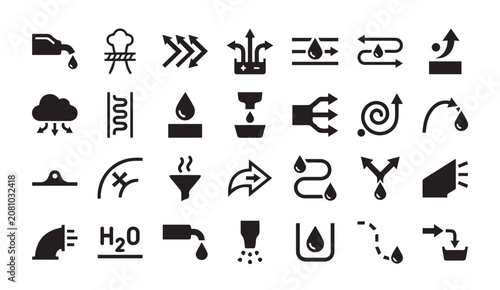 Water treatment and liquid flow process management icon set with treatment