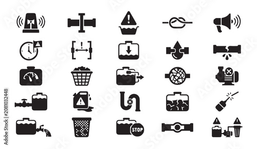 Industrial safety warnings and liquid leak management icon set with industrial
