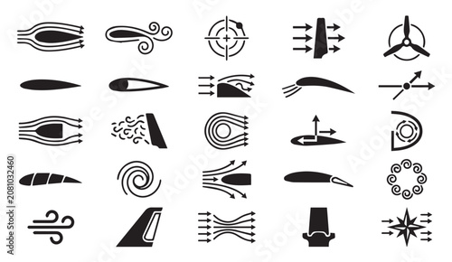 Aerodynamics and fluid dynamics scientific symbol collection with aerodynamics