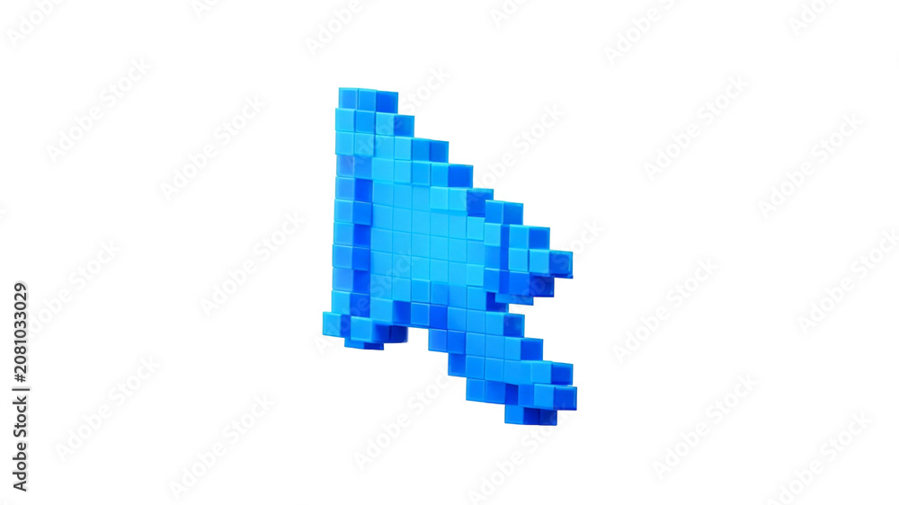 Fototapeta premium Pixelated 3D blue computer mouse cursor arrow with technology interface computer navigation software internet pixelated information rendering isolated as PNG