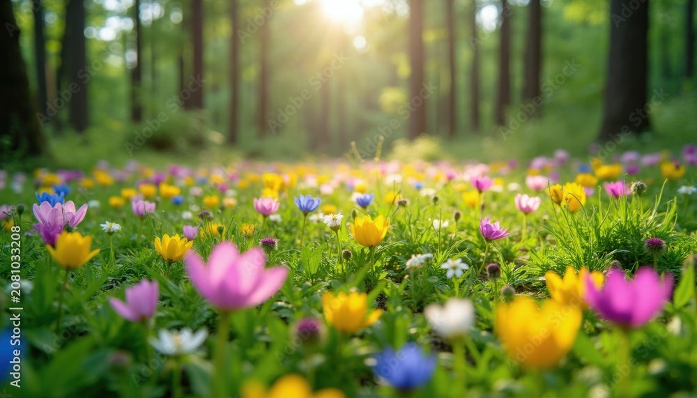 Obraz premium Field of colorful wildflowers in forest sunny day. Pink yellow blue blossoms grow on green grass. Sunlight rays through trees create magical atmosphere.