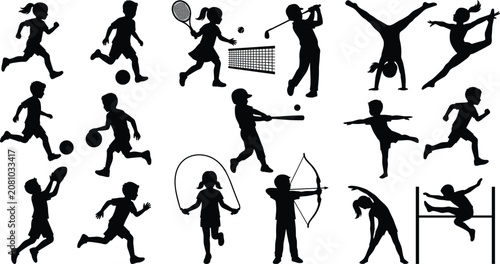 Bild auf Leinwand Set of active children silhouettes playing sports gymnastics and athletics isola