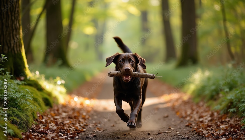 Fototapeta premium Brown labrador dog runs on forest path with stick in mouth. Happy pet plays fetch in sunny woodland during outdoor walk. Active canine enjoys nature trail with falling leaves.