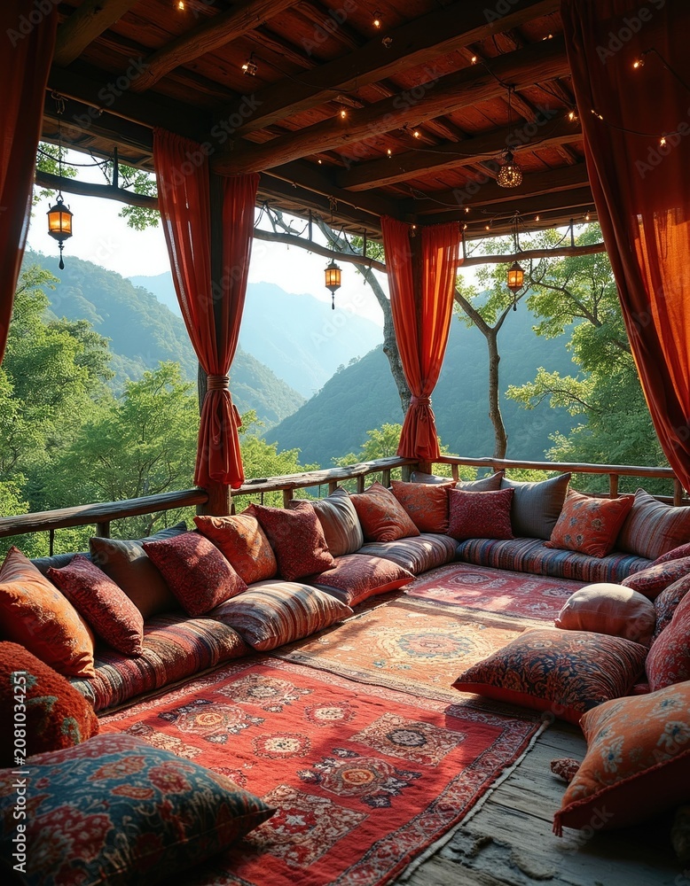 Fototapeta premium Bohemian style outdoor seating area with floor pillows and rugs set on wooden deck. Mountain valley view from covered porch with curtains. Cozy rustic relaxation spot for vacation.