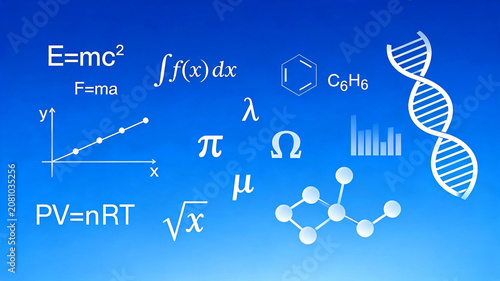 Scientific formulas and equations background featuring DNA helix and chemical structures chemistry genetics equation research education knowledge structure molecule calculus laboratory