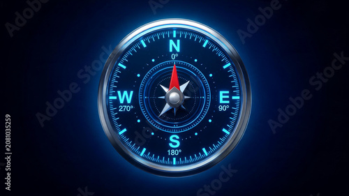 Glowing modern compass navigation device on dark blue background with navigation direction adventure orientation exploration destination geography technology abstract wayfinder tracking