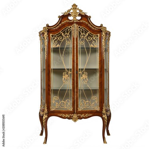 Antique wooden display cabinet with gold metal decoration isolated on transparent background