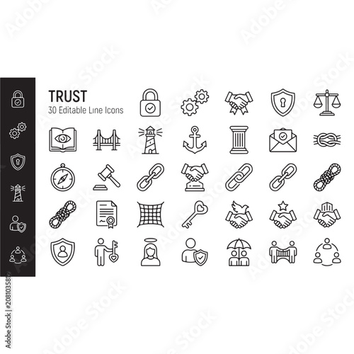Trust Line Editable Icons Set – Security, Reliability & Confidence Outline Vector Collection